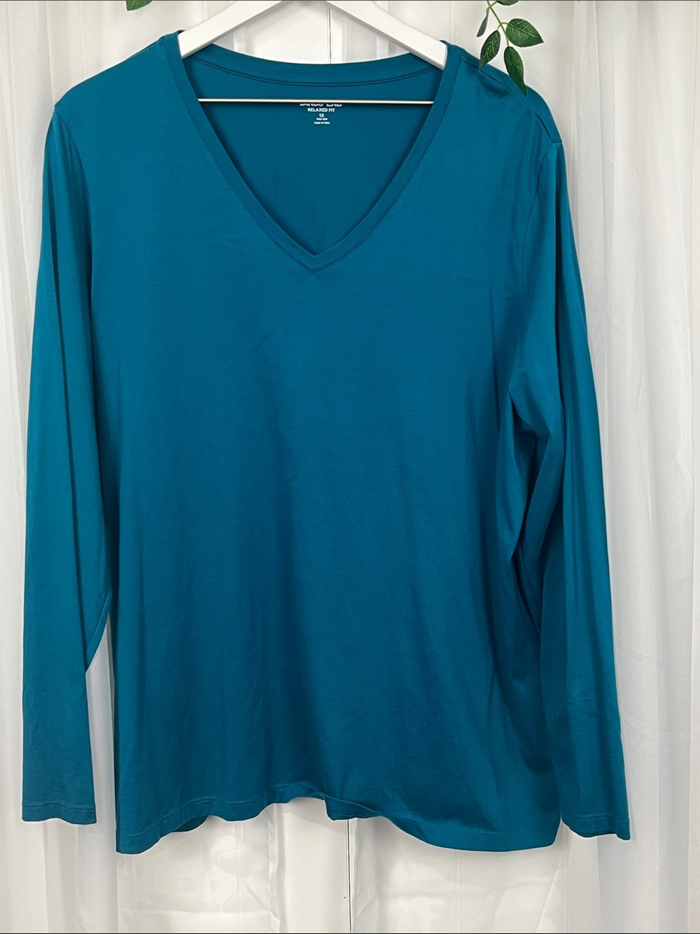 Lands’ End Relaxed Fit Tee 2X Pullover Teal Vneck Long Sleeves 100% Cotton EUC